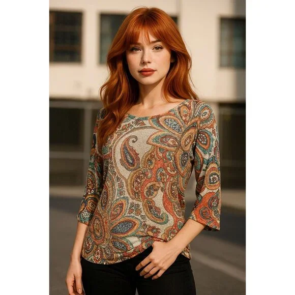 Chicos Size 2 Large Multicolor Tunic Paisley Knit Tunic Boho City Resort Style - Picture 4 of 13